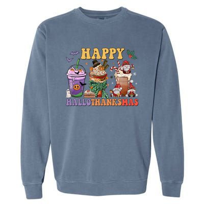 Coffee Halloween Thanksgiving Christmas Happy Hallothanksmas Gift Garment-Dyed Sweatshirt