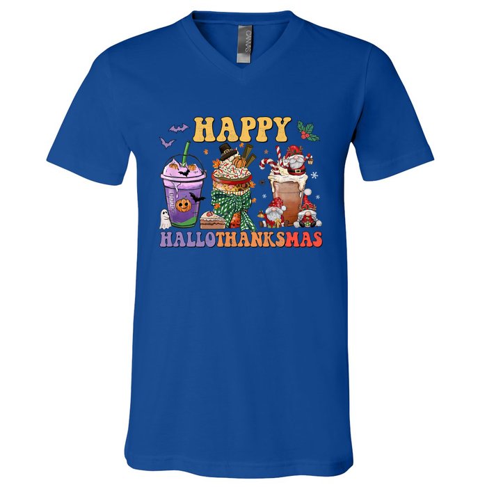 Coffee Halloween Thanksgiving Christmas Happy Hallothanksmas Gift V-Neck T-Shirt