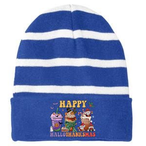 Coffee Halloween Thanksgiving Christmas Happy Hallothanksmas Gift Striped Beanie with Solid Band