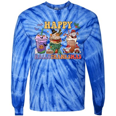 Coffee Halloween Thanksgiving Christmas Happy Hallothanksmas Gift Tie-Dye Long Sleeve Shirt