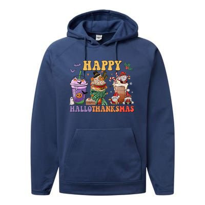 Coffee Halloween Thanksgiving Christmas Happy Hallothanksmas Gift Performance Fleece Hoodie