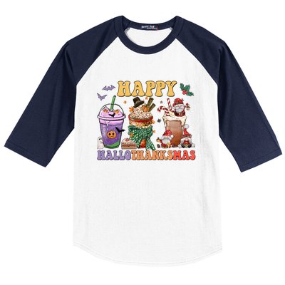 Coffee Halloween Thanksgiving Christmas Happy Hallothanksmas Gift Baseball Sleeve Shirt