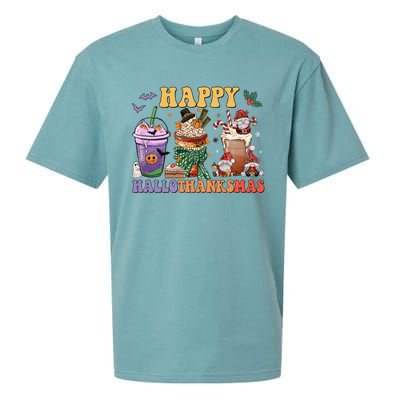 Coffee Halloween Thanksgiving Christmas Happy Hallothanksmas Gift Sueded Cloud Jersey T-Shirt