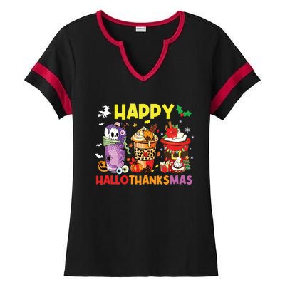 Coffee Halloween Thanksgiving Christmas Happy Hallothanksmas Ladies Halftime Notch Neck Tee