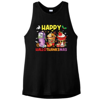 Coffee Halloween Thanksgiving Christmas Happy Hallothanksmas Ladies PosiCharge Tri-Blend Wicking Tank