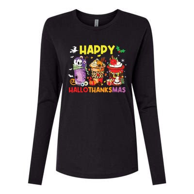 Coffee Halloween Thanksgiving Christmas Happy Hallothanksmas Womens Cotton Relaxed Long Sleeve T-Shirt