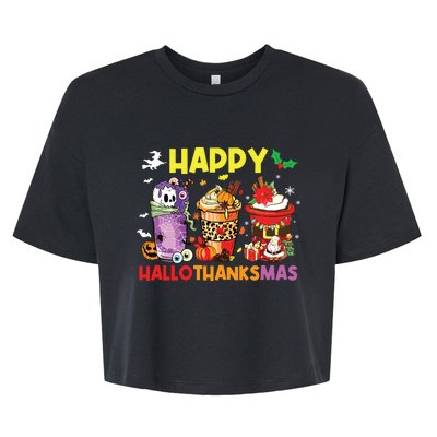 Coffee Halloween Thanksgiving Christmas Happy Hallothanksmas Bella+Canvas Jersey Crop Tee