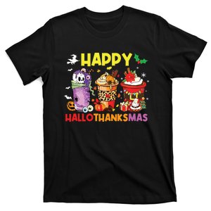 Coffee Halloween Thanksgiving Christmas Happy Hallothanksmas T-Shirt