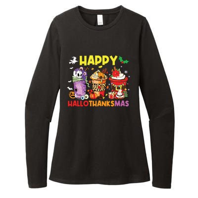 Coffee Halloween Thanksgiving Christmas Happy Hallothanksmas Womens CVC Long Sleeve Shirt