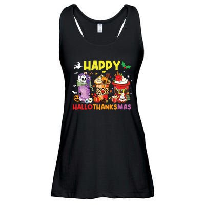 Coffee Halloween Thanksgiving Christmas Happy Hallothanksmas Ladies Essential Flowy Tank