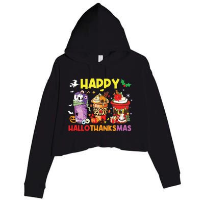 Coffee Halloween Thanksgiving Christmas Happy Hallothanksmas Crop Fleece Hoodie