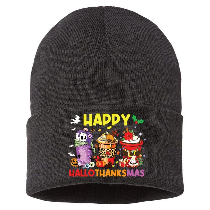 Coffee Halloween Thanksgiving Christmas Happy Hallothanksmas Sustainable Knit Beanie