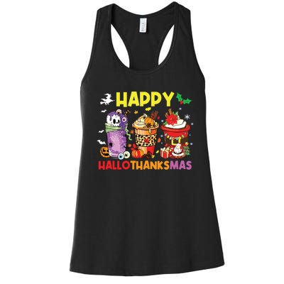 Coffee Halloween Thanksgiving Christmas Happy Hallothanksmas Women's Racerback Tank