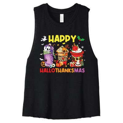 Coffee Halloween Thanksgiving Christmas Happy Hallothanksmas Women's Racerback Cropped Tank