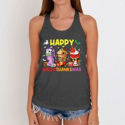 Coffee Halloween Thanksgiving Christmas Happy Hallothanksmas Women's Knotted Racerback Tank