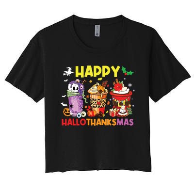 Coffee Halloween Thanksgiving Christmas Happy Hallothanksmas Women's Crop Top Tee