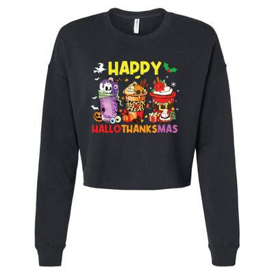 Coffee Halloween Thanksgiving Christmas Happy Hallothanksmas Cropped Pullover Crew