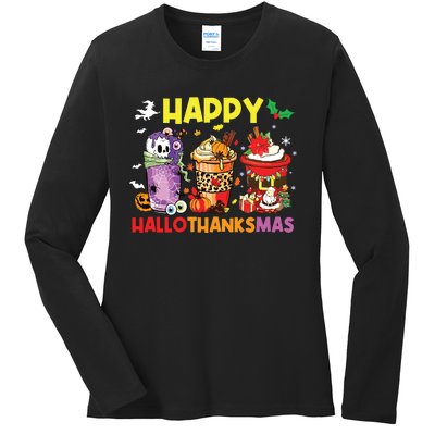 Coffee Halloween Thanksgiving Christmas Happy Hallothanksmas Ladies Long Sleeve Shirt