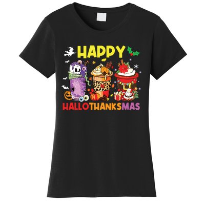 Coffee Halloween Thanksgiving Christmas Happy Hallothanksmas Women's T-Shirt