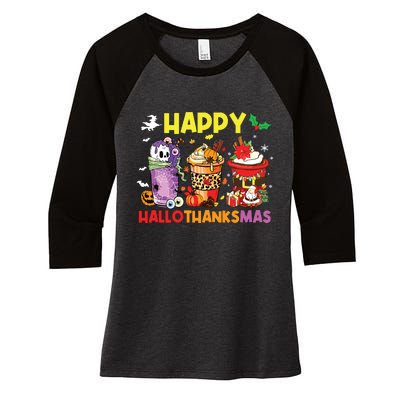 Coffee Halloween Thanksgiving Christmas Happy Hallothanksmas Women's Tri-Blend 3/4-Sleeve Raglan Shirt