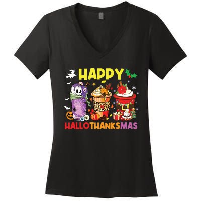 Coffee Halloween Thanksgiving Christmas Happy Hallothanksmas Women's V-Neck T-Shirt