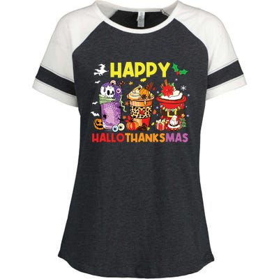 Coffee Halloween Thanksgiving Christmas Happy Hallothanksmas Enza Ladies Jersey Colorblock Tee