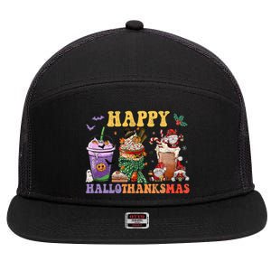 Coffee Halloween Thanksgiving Christmas Happy Hallothanksmas 7 Panel Mesh Trucker Snapback Hat