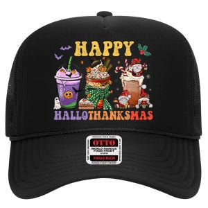 Coffee Halloween Thanksgiving Christmas Happy Hallothanksmas High Crown Mesh Back Trucker Hat