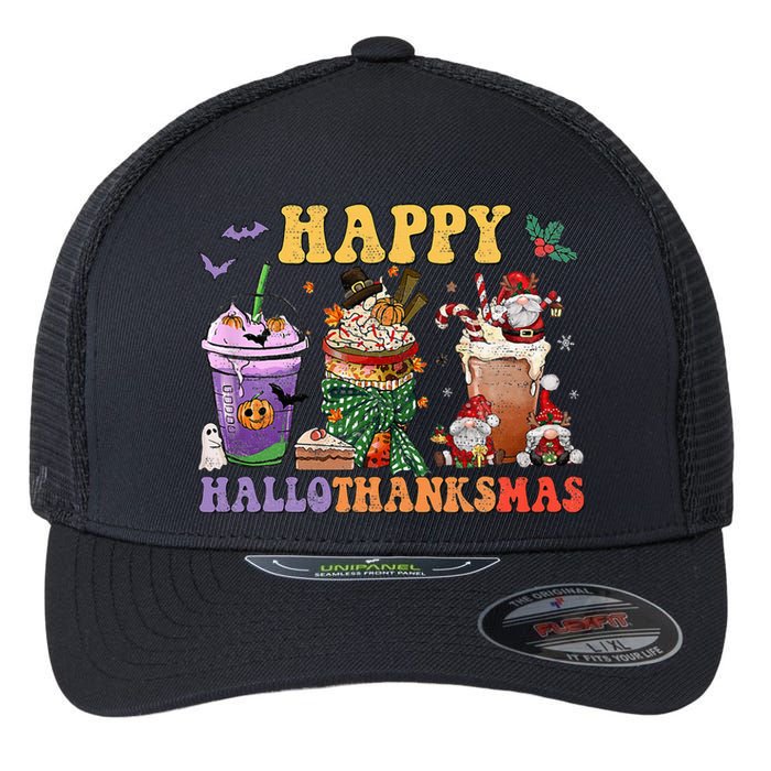 Coffee Halloween Thanksgiving Christmas Happy Hallothanksmas Flexfit Unipanel Trucker Cap