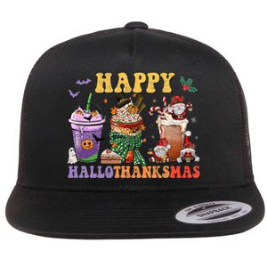 Coffee Halloween Thanksgiving Christmas Happy Hallothanksmas Flat Bill Trucker Hat