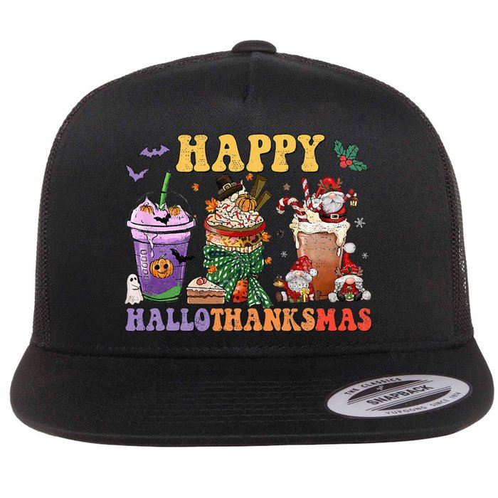 Coffee Halloween Thanksgiving Christmas Happy Hallothanksmas Flat Bill Trucker Hat