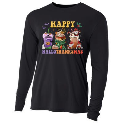 Coffee Halloween Thanksgiving Christmas Happy Hallothanksmas Cooling Performance Long Sleeve Crew