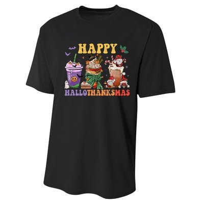 Coffee Halloween Thanksgiving Christmas Happy Hallothanksmas Performance Sprint T-Shirt