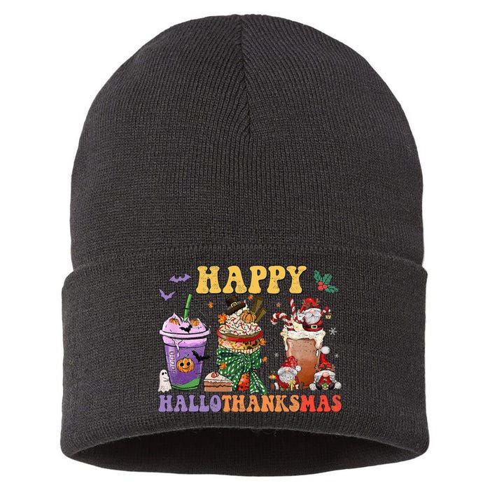 Coffee Halloween Thanksgiving Christmas Happy Hallothanksmas Sustainable Knit Beanie