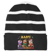 Coffee Halloween Thanksgiving Christmas Happy Hallothanksmas Striped Beanie with Solid Band