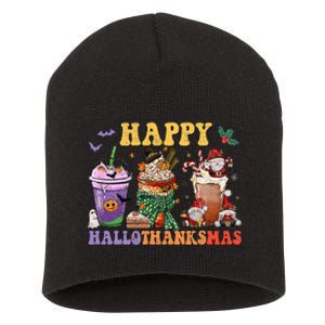 Coffee Halloween Thanksgiving Christmas Happy Hallothanksmas Short Acrylic Beanie