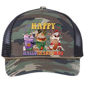 Coffee Halloween Thanksgiving Christmas Happy Hallothanksmas Retro Rope Trucker Hat Cap