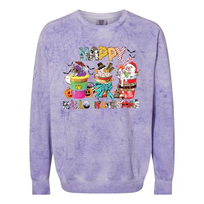 Coffee Halloween Thanksgiving Christmas Happy Hallothanksmas Colorblast Crewneck Sweatshirt