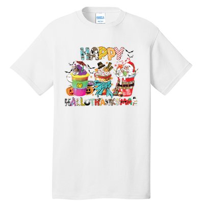 Coffee Halloween Thanksgiving Christmas Happy Hallothanksmas Tall T-Shirt