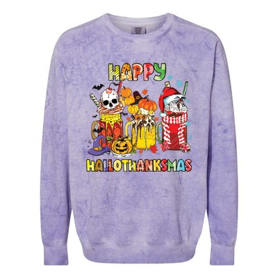 Coffee Halloween Thanksgiving Christmas Happy Hallothanksmas Colorblast Crewneck Sweatshirt