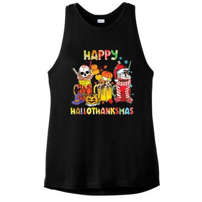 Coffee Halloween Thanksgiving Christmas Happy Hallothanksmas Ladies PosiCharge Tri-Blend Wicking Tank