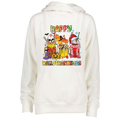 Coffee Halloween Thanksgiving Christmas Happy Hallothanksmas Womens Funnel Neck Pullover Hood