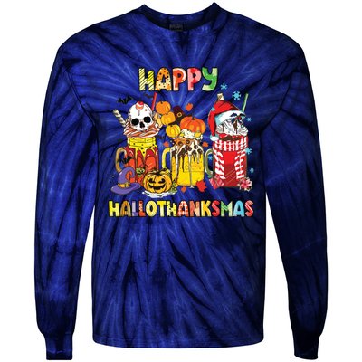 Coffee Halloween Thanksgiving Christmas Happy Hallothanksmas Tie-Dye Long Sleeve Shirt