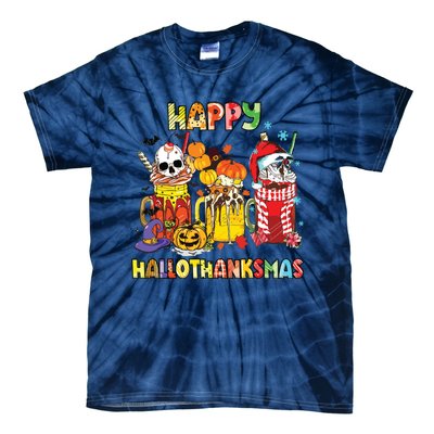 Coffee Halloween Thanksgiving Christmas Happy Hallothanksmas Tie-Dye T-Shirt