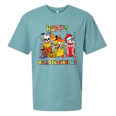 Coffee Halloween Thanksgiving Christmas Happy Hallothanksmas Sueded Cloud Jersey T-Shirt