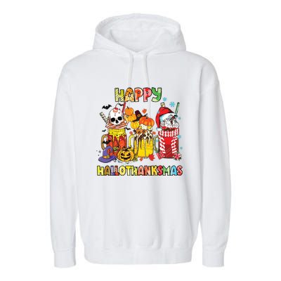 Coffee Halloween Thanksgiving Christmas Happy Hallothanksmas Garment-Dyed Fleece Hoodie