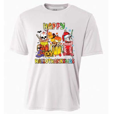 Coffee Halloween Thanksgiving Christmas Happy Hallothanksmas Cooling Performance Crew T-Shirt