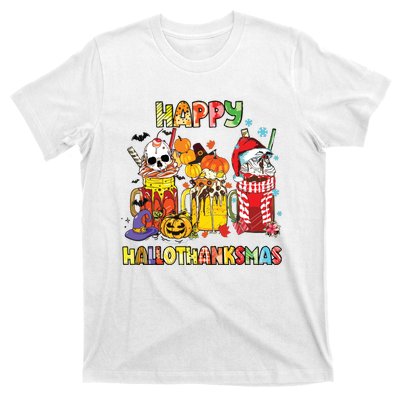 Coffee Halloween Thanksgiving Christmas Happy Hallothanksmas T-Shirt