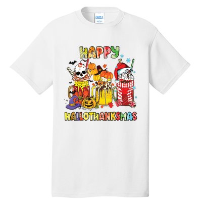 Coffee Halloween Thanksgiving Christmas Happy Hallothanksmas Tall T-Shirt