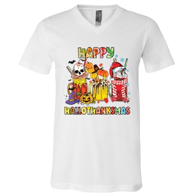 Coffee Halloween Thanksgiving Christmas Happy Hallothanksmas V-Neck T-Shirt